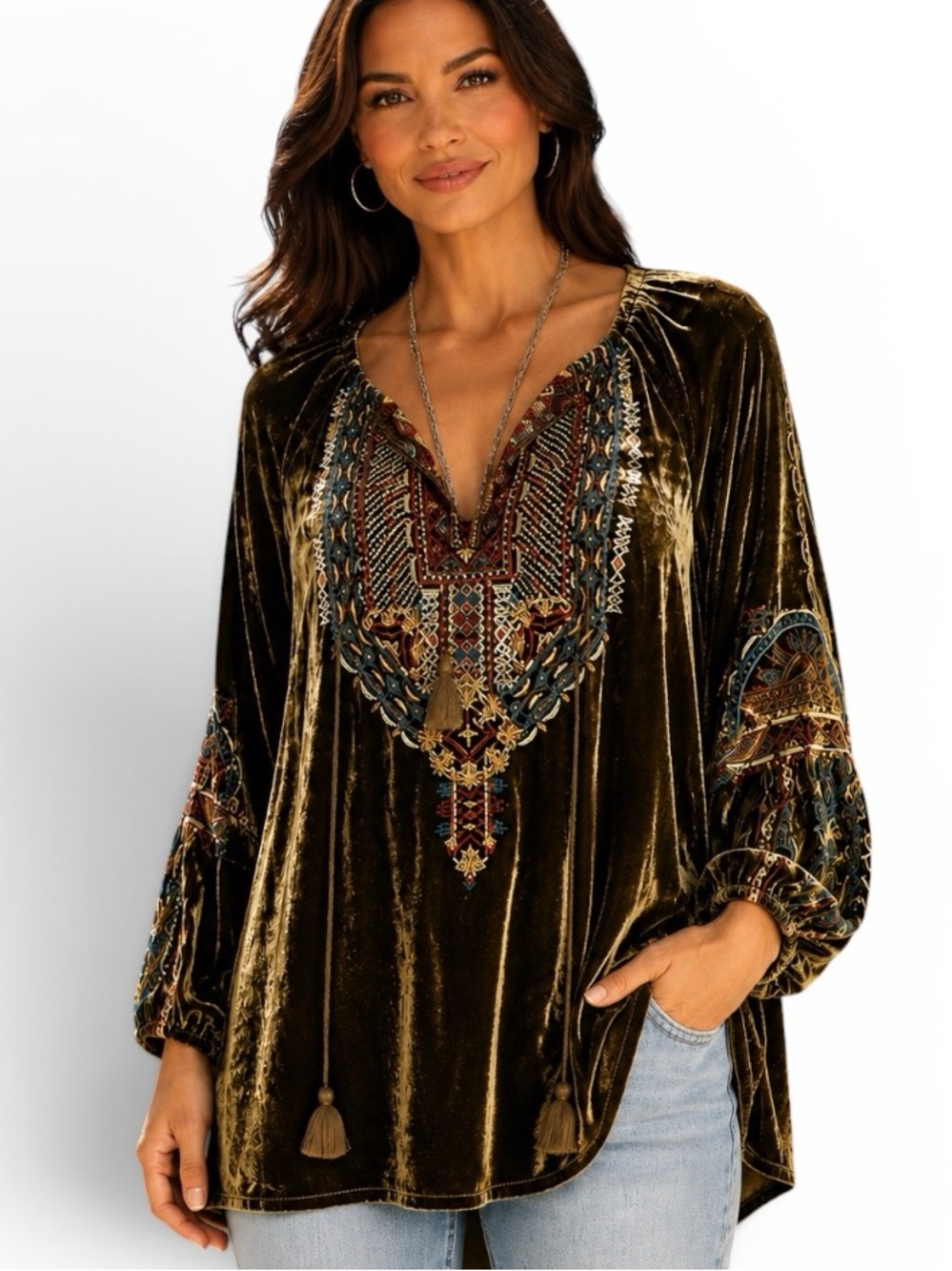 Johnny Was “Naomi Tiger eye” heavily embroidered velvet tunic NWT